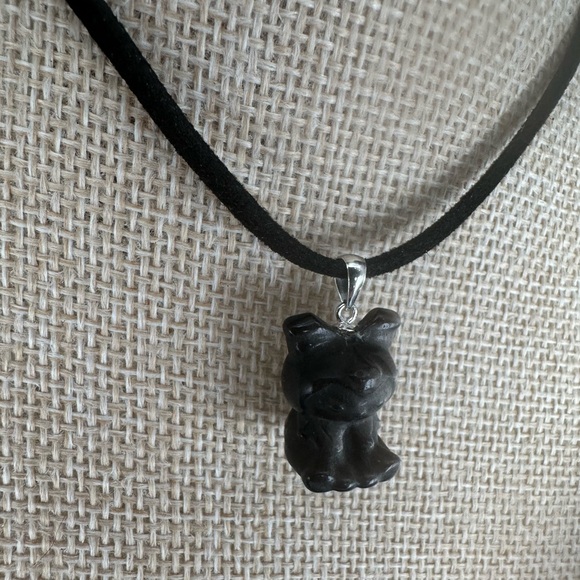 Silver Sheen Obsidian Kuromi Bead Pendant on Silver Bail and Faux Suede - Picture 5 of 9